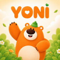 Yoni, the orange bear companion, waving in a bright garden
